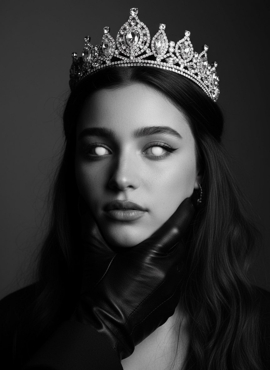 Создайте черно-белое изображение женщины в короне, украшенной стразами и бриллиантами. Её глаза полностью белые, а лицо слегка повернуто в сторону, она смотрит прямо на зрителя. Черты лица женщины должны оставаться неизменными по сравнению с эталонным изображением. Мужская рука в чёрной перчатке с длинными чёрными ногтями крепко держит её за подбородок, притягивая её взгляд к себе. Женщина смотрит на него с напряженным, пронизывающим выражением лица. Корона должна быть детализированной, со стразами и бриллиантами, тонко поблескивающими в тусклом освещении. Освещение должно создавать сильные контрасты между светом и тенью, что способствует созданию драматической и жуткой атмосферы. Изображение должно передавать ощущение напряжения, а эстетика нуара подчеркивает темноту и тайну сцены.
