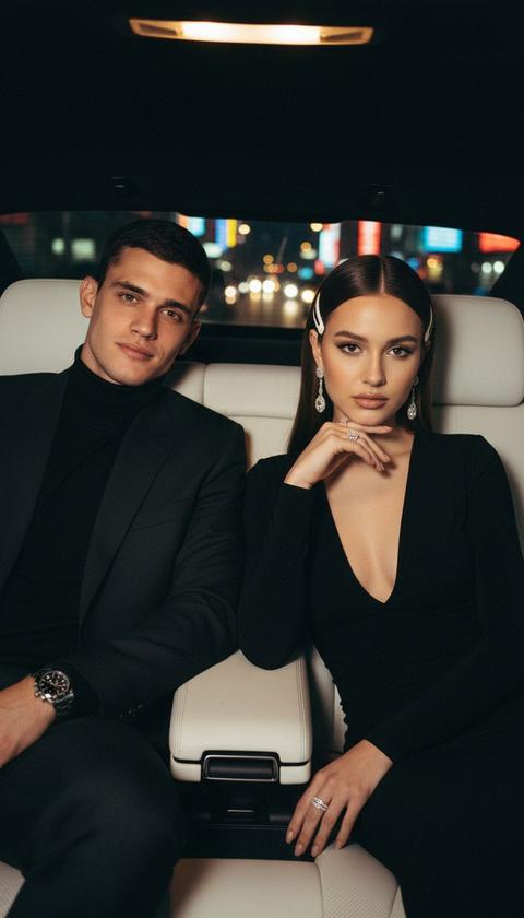 Сохрани ЛИЦО МУЖЧИНЫ 1:1 — полностью без изменений. Сохрани ЛИЦО ЖЕНЩИНЫ 1:1 — полностью без изменений. Не сглаживай, не омолаживай, не корректируй и не стилизуй лица. Создай фотореалистичное изображение пары, полностью сохранив их настоящие черты лица. Образ: оба в total black — он в чёрной водолазке и тёмном костюме, она в облегающем чёрном платье с глубоким вырезом, прямые волосы с белыми заколками по бокам, крупные бриллиантовые серьги и кольца. Поза: сидят на заднем сиденье премиального авто (белая кожа), он слева расслабленно с лёгкой улыбкой, она справа — подбородок на руке, смотрит в камеру с холодной уверенностью и лёгкой надменностью. Свет: ночной, только слабые городские огни и неон снаружи, тёплый отблеск на лицах, глубокие тени. Фон: размытые огни ночного города за окном. Фотореализм 8K, зернистая плёночная эстетика Kodak Vision3 500T, стиль дорогой редакционной съёмки.