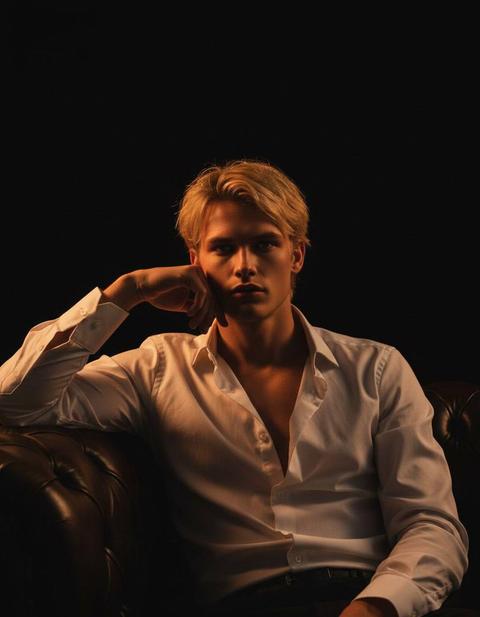 Создай изображение человека с фото, сохранив настоящие черты лица, форму глаз, носа, губ, пропорции и оттенок кожи 1:1. ,
человек сидит на темном кожаном диване в полутёмной комнате, расстёгнутая белая рубашка с закатанными рукавами, рука подпирает подбородок, поза расслабленная и задумчивая, взгляд в камеру,
единственный направленный тёплый оранжевый свет снизу-сбоку создаёт драматические тени и золотистый ореол на лице и рубашке,
фон полностью чёрный, никаких деталей,
кинематографический низкий ключ, как в старом нуар-фильме,
максимальная детализация ткани рубашки и кожи и теней,
--q 2 --v 6 --stylize 40 --cw 100 --chaos 0 --cfg 5 --style raw