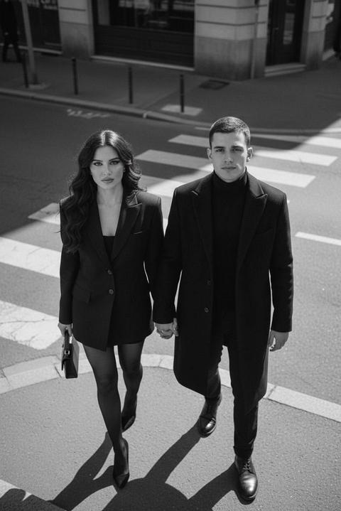 –v 5 –q 2 –stylize 650
Создай ультра-реалистичное чёрно-белое фото пары строго с двух прикреплённых фото, сохранив 1:1 их настоящие лица, глаза, носы, губы, кожу с порами, волосы — всё 100 % без изменений.
Оба в total black: девушка — чёрный пиджак с острыми плечами, чёрная мини-юбка, чёрные колготки, чёрные туфли-шпильки, маленькая чёрная сумочка. Парень — длинное чёрное пальто, чёрный свитер, чёрные брюки, чёрные ботинки.
Поза: идут по улице, крепко держатся за руки, снято сверху и сбоку (вид с балкона 5 этажа слева от них), оба смотрят прямо в камеру с холодной уверенностью и лёгкой полуулыбкой.
Фон: городской асфальт, пешеходный переход, размытые здания.
Свет: жёсткий дневной, высококонтрастное ч/б, зерно плёнки Ilford HP5, драматические тени.
Фотореализм 8K, идеальные текстуры ткани и асфальта, вайб «главные в городе».