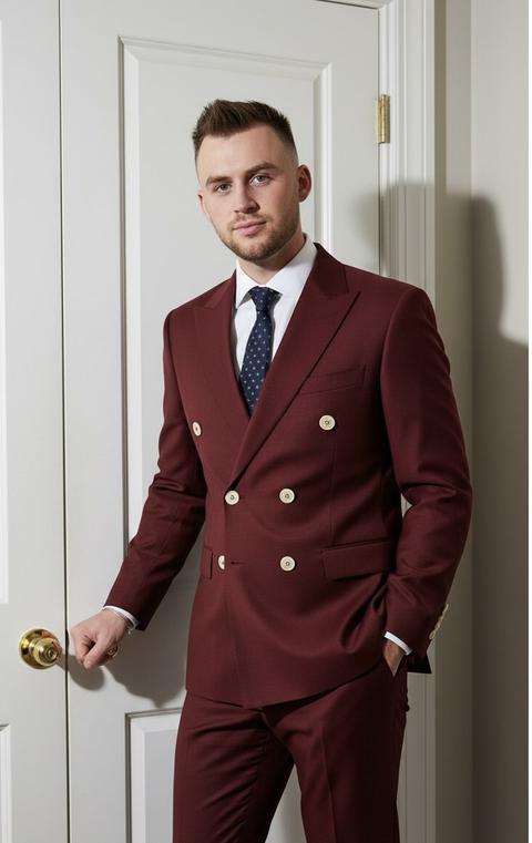 Фотография мужчины. Мужчина стоит в помещении, слегка наклонившись влево, правая рука лежит на дверной ручке, а левая рука находится в кармане. Он смотрит прямо в камеру. Его поза расслаблена, с легким переносом веса на одну ногу.

Среднеплановый портрет, кадрированный от колен до головы, вертикальный формат, ракурс на уровне глаз, динамичная диагональная композиция благодаря наклону тела, мужчина расположен немного левее центра кадра.

Мужчина одет в темно-красный двубортный костюм безупречного кроя, пиджак с шестью светлыми пуговицами и классические брюки в тон. Под пиджаком он носит белую рубашку и галстук с мелким узором. На нем тонкий браслет.

Место действия — интерьер с белыми двустворчатыми дверями, гладкой поверхностью без украшений и латунными дверными ручками. Фон нейтральный, без лишних предметов, подчеркивающий его фигуру и цвет костюма.

Освещение резкое, вспышка направлена прямо на объект и немного смещена сверху. Свет равномерно освещает лицо и костюм, создавая резкие тени за фигурой и вдоль краев дверей. Контраст высокий, тени резкие, освещение напоминает репортажную или студийную вспышку в помещении.

Снято на портретный объектив 50 мм, умеренная глубина резкости, фон в фокусе, без выраженного боке, фотореалистичный стиль, высокая детализация ткани костюма, кожи и стекла винного бокала, чистое цифровое изображение, минимальная зернистость, очень детализированное, фотореалистичное.