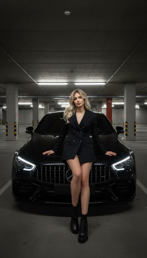 Сохранить внешность пользователя: лицо, кожа, возраст, волосы и пропорции без изменений. 
фото — эталон внешности. 
Ночной fashion-кадр в затемнённом подземном паркинге: тёмный бетон, прямоугольные колонны, низкий потолок, линейные лампы. Средний план. В центре кадра чёрный Mercedes-Benz AMG GT 63, снят строго спереди. Камера расположена снизу, по центру бампера между фарами, без смещения. Средняя дистанция, одинаковый кроп. Машина не полностью в кадре, низ кадра — фары машины. 
Девушка сидит на капоте. Ноги стоят на земле. Поза: бёдра на капоте по центру, корпус отклонён назад, линия плеч наклонена по диагонали, таз параллелен капоту. Опора на одну руку за спиной. Вторая рука у корней волос. Ближняя к камере нога согнута.  Взгляд спокойный, уверенный, лёгкая ухмылка. 
Одежда: короткое чёрное платье-пиджак по фигуре.
Длинная выдержка. Движение камеры создаёт motion blur по фону и свету, смаз по машине и телу. Высокий ISO, заметное зерно, жёсткий контраст. Включённые фары дают световые следы.