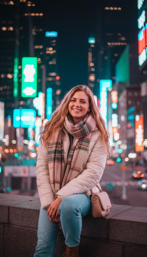 Молодая блондинка, ее длинные, волнистые золотистые волосы ниспадают на плечи и ловят яркое городское свечение, озаряет камеру по-настоящему теплой улыбкой, ее глаза морщатся в уголках от заразительной радости. Она грациозно расположилась на низком, потрёпанном временем уступе, откуда открывается вид на раскинувшуюся городскую улицу, пульсирующую ночной энергией. Возвышающиеся над ней и вокруг нее колоссальные неоновые рекламные щиты и динамичные цифровые экраны отбрасывают на сцену неземное, калейдоскопическое освещение, окутывая ее пульсирующими волнами электрической фуксии, сияющей лазури и изумрудной зелени. Она одета в роскошную, уютную кремовую пуховую куртку, ее мягкая ткань едва уловимо отражает яркие огни, в сочетании со светло-голубыми джинсами прямого покроя, которые аккуратно ниспадают до ее крепких, насыщенно-коричневых шнурованных ботинок, намекая как на комфорт, так и на городские исследования. Эффектный, толстый клетчатый шарф, весёлая симфония переплетенных розовых, изумрудно-зеленых и кремово-бежевых нитей, щедро драпируется вокруг ее шеи, обеспечивая тёплый, тактильный контраст прохладному городскому воздуху. Одна рука нежно держит небольшую, слегка текстурированную бежевую сумку через плечо. Момент запечатлен с потрясающей четкостью: каждая прядь волос, каждое волокно ее шарфа, каждая деталь шумной улицы позади нее воспроизведены с гиперреалистичной точностью, откровенный портрет, снятый с немного низкого ракурса, что возвышает ее присутствие. Фон растворяется в мечтательном, мерцающем мягком боке, рассеивая интенсивные городские огни в эфемерные круги цвета, всё это сформировано драматическим, кинематографическим освещением, которое наполняет всю сцену богатыми, яркими оттенками и захватывающим дух совершенством 8k шедевра.