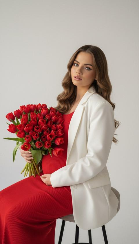 Крупный план беременной девушки в стиле "высокой моды". Волосы в стиле Олд Мани длинные  
Фото в золотой час Элегантный макияж глаза с длинными острыми черными стрелками, длинные густые ресницы Хайлайтер во внутренних уголках и на кончике носа/скулах. Пухлые губы слегка приоткрыты, легкий блеск
На ней белый пиджак оверсайз 
На ней длинное платье красное лапша по фигуре 
Она сидит на круглом высоком барном стуле 
В руках она держит огромный букет красных тюльпан, они на переднем плане Теплое, зернистое освещение, высокая контрастность.Высокая детализация текстур кожи, одежды и волос. Черты лица-полностью сохранены как на референсном фото.
Формат 9:16
Фон белая стена