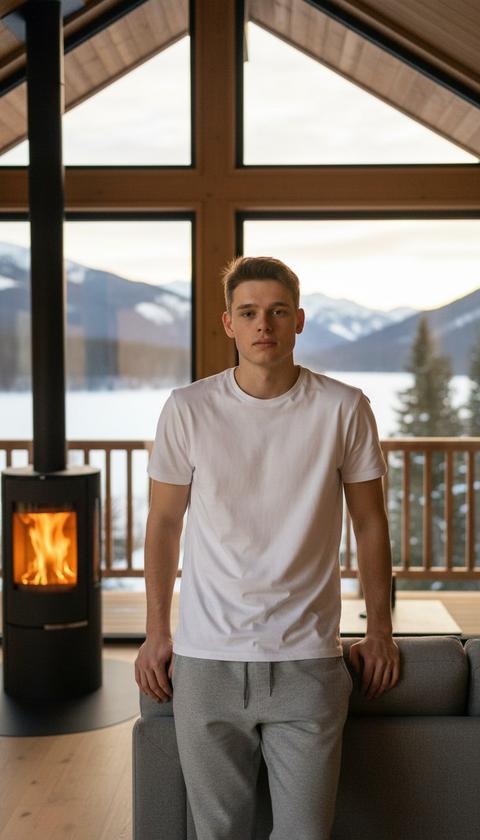 Создай портрет,  не меняя черты лица. высокодетализированный, профессиональный студийный портрет в интерьере современного деревянного шале.Мужчина  одет в белую футболку и серые свободные джоггеры.Позирует у дивана стоя, опираясь на спинку, взгляд направлен в камеру. На заднем плане — большие панорамные окна с видом на зимний пейзаж на закате (золотой час) и современная черная печь с горящим огнем. Сцена освещена мягким, теплым светом, создающим уютный контраст с холодом снаружи. зимняя фотография с мелкой детализацией, красивым боке,зернистость.