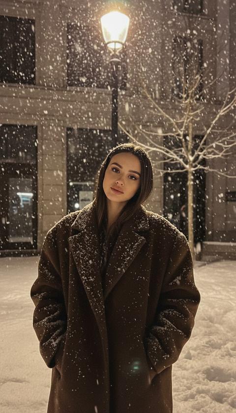 Создай крупный портрет, не меняя черты лица. атмосферная  сцена в стиле Y2K, где молодая женщина стоит под сияющим уличным фонарем, Она стоит смотрит в камеру,  снежинки падают вокруг. На ней оверсайз темно коричневое пальто. Свет от фонаря мягко освещает ее фигуру на фоне темных зданий . Снег (очень много снега), создает мечтательную, эфемерную атмосферу, а освещение подчеркивает спокойную и интроспективную атмосферу сцены. Изображение должно быть кинематографичным и ностальгическим, передавая ощущение умиротворения и непринужденного стиля в истинном стиле Y2K.”