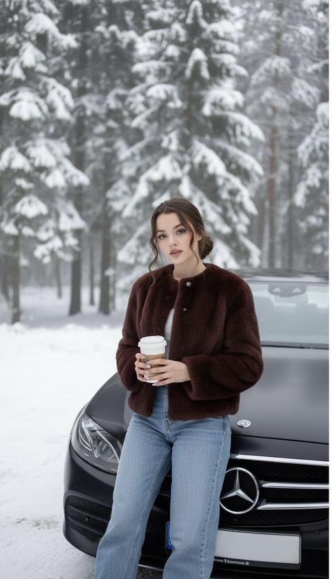 Создай крупный портрет, не меняя черты лица. Смотрит в камеру . Фото в стиле Instagram, полный рост. Стильная женщина  с волнистыми волосами убранными в небрежный низкий пучок, в свободных джинсах,  в бордово-коричневой короткой шубке из меха натуральной  альпаки  позирует, безупречный макияж прислонившись к капоту матового черного Mercedes-Benz E-Class в заснеженном лесу. В руке она держит стакан кофе на вынос. Фон — густой хвойный лес, ветви деревьев покрыты пушистым снегом. Мягкое дневное освещение, легкая дымка, атмосфера роскошного зимнего отдыха. Высокое разрешение, реализм, профессиональная съемка на iPhone. Машина без номеров