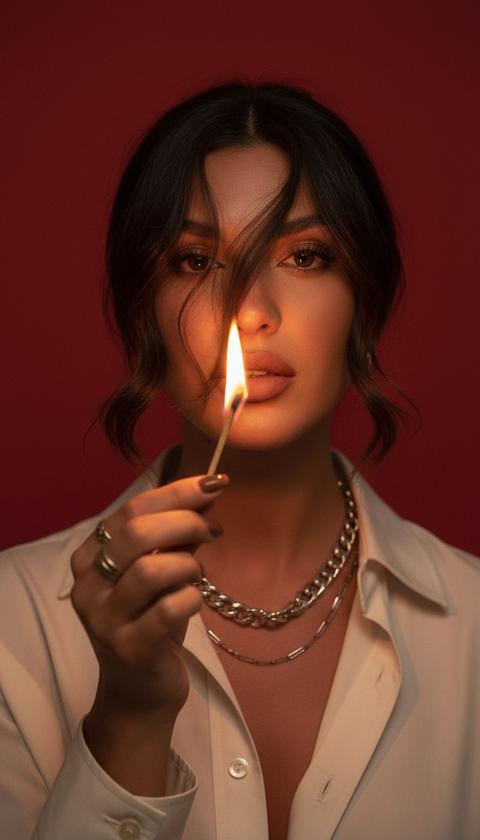 Женщина держит зажженную спичку перед своим лицом, пламя находится прямо над ее губами, она смотрит прямо в камеру сквозь пряди волос. Портрет крупным планом. Часть ее лица скрыта распущенными прядями волос. Ее правая рука поднята к лицу, держа тонкую деревянную спичку между пальцами, кончик спички с ярким пламенем направлен вверх.
Ее кожа равномерно матовая, с длинными черными ресницами, светло-коричневыми тенями для век и матовой коричневой помадой.
Женщина одета в слегка расстегнутую светлую рубашку из мягкой ткани с отложным воротником, верхние пары пуговиц расстегнуты. На ее шее несколько серебряных металлических цепочек разной длины: одна цепочка толще с крупными звеньями, другая тонкая и короткая. Ее пальцы украшены несколькими металлическими кольцами разной толщины. Ее ногти средней длины покрыты коричневым глянцевым лаком.
Обстановка минималистична, с однородным фоном глубокого, теплого красного цвета без различимых деталей, создающим плотный фон. Освещение драматическое и кинематографичное, с выразительным низким ключом. Основным источником света является теплое оранжево-желтое пламя спички прямо перед лицом. Небольшой практический источник света освещает нижнюю часть лица, нос, губы и пальцы снизу, создавая яркий локальный акцент. Дополнительный мягкий, теплый, маломощный боковой свет справа от камеры едва заполняет тени на волосах и контуре щеки. Резкие тени от руки и носа на лице; свет пламени создает высокий локальный контраст между ярко освещенными участками кожи и темным фоном. Высокодетализированный, фотореалистичный, снят на портретный объектив 85 мм. Женщина держит зажженную спичку перед своим лицом, пламя находится прямо над ее губами, она смотрит прямо в камеру сквозь пряди волос. Портрет крупным планом. Часть ее лица скрыта распущенными прядями волос. Ее правая рука поднята к лицу, держа тонкую деревянную спичку между пальцами, кончик спички с ярким пламенем направлен вверх.
Ее кожа равномерно матовая, с длинными черными ресницами, светло-коричневыми тенями для век и матовой коричневой помадой.
Женщина одета в слегка расстегнутую светлую рубашку из мягкой ткани с отложным воротником, верхние пары пуговиц расстегнуты. На ее шее несколько серебряных металлических цепочек разной длины: одна цепочка толще с крупными звеньями, другая тонкая и короткая. Ее пальцы украшены несколькими металлическими кольцами разной толщины. Ее ногти средней длины покрыты коричневым глянцевым лаком.
Обстановка минималистична, с однородным фоном глубокого, теплого красного цвета без различимых деталей, создающим плотный фон. Освещение драматическое и кинематографичное, с выразительным низким ключом. Основным источником света является теплое оранжево-желтое пламя спички прямо перед лицом. Небольшой практический источник света освещает нижнюю часть лица, нос, губы и пальцы снизу, создавая яркий локальный акцент. Дополнительный мягкий, теплый, маломощный боковой свет справа от камеры едва заполняет тени на волосах и контуре щеки. Резкие тени от руки и носа на лице; свет пламени создает высокий локальный контраст между ярко освещенными участками кожи и темным фоном. Высокодетализированный, фотореалистичный, снят на портретный объектив 85 мм.