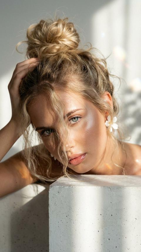 Создай портрет, не меняя черты лица. Кинематографический эффект с добавлением зерна Ультрареалистичный экстремально крупный портрет части лица девушки, на неё падает солнечный свет полосой освещая большие  глаза, её голова немного повёрнута в сторону. тело подсвечено хайлайтером Волосы  длинные кудрявые , собраны в высокий небрежный пучок, с которого локоны хаотично спадают и частично падают на лицо. 
Макияж легкий, насыщенный хайлайтер. Она лежит упираясь на белый бетонный куб. Её рука касается головы. 
Она смотрит в камеру с спокойным, созерцательным выражением. Освещение мягкое, с лёгким акцентом на её лицо, создавая нежные тени и подчеркивая черты. В ушах серьги  белые цветы .Фон светлый , на стене солнечные блики. 
С двойной экспозицией.