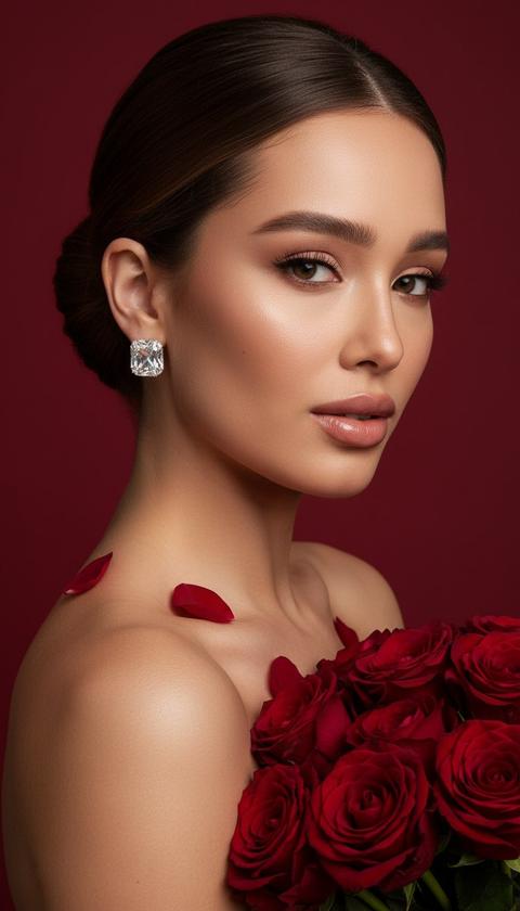 Не меняй черты лица. Эффектный fashion-портрет крупным планом с идеальным студийным светом. Мягкое сияющее освещение подчёркивает гладкую, ухоженную кожу, создавая тёплый влажный блеск и скульптурируя скулы, нос и подбородок.
Лицо слегка повернуто в сторону, выражение спокойное и уверенное. Взгляд глубокий, акцент на идеально оформленных бровях и длинных объёмных ресницах. Полные губы с глянцевой нюдовой помадой. Волосы собраны в аккуратный пучок, открывающий чистые линии лица. В ушах — крупные серьги-гвоздики в форме бриллиантов, подчёркивающие ощущение роскоши.
В руках — букет алых роз, контрастирующий с тёплым тоном кожи и насыщенным красным фоном. Лепестки мягко лежат на груди, добавляя чувственности. Фон минималистичный, глубокого красного оттенка, полностью фокусирующий внимание на модели.
Настроение кадра — страсть, сила и утончённость. Профессиональная съёмка с высокой детализацией, чистым светом и редакторским качеством цветопередачи. Не меняй черты лица. Эффектный fashion-портрет крупным планом с идеальным студийным светом. Мягкое сияющее освещение подчёркивает гладкую, ухоженную кожу, создавая тёплый влажный блеск и скульптурируя скулы, нос и подбородок.
Лицо слегка повернуто в сторону, выражение спокойное и уверенное. Взгляд глубокий, акцент на идеально оформленных бровях и длинных объёмных ресницах. Полные губы с глянцевой нюдовой помадой. Волосы собраны в аккуратный пучок, открывающий чистые линии лица. В ушах — крупные серьги-гвоздики в форме бриллиантов, подчёркивающие ощущение роскоши.
В руках — букет алых роз, контрастирующий с тёплым тоном кожи и насыщенным красным фоном. Лепестки мягко лежат на груди, добавляя чувственности. Фон минималистичный, глубокого красного оттенка, полностью фокусирующий внимание на модели.
Настроение кадра — страсть, сила и утончённость. Профессиональная съёмка с высокой детализацией, чистым светом и редакторским качеством цветопередачи.