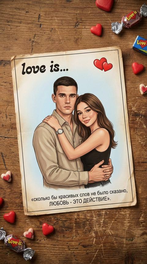 > не меняя внешности людей с фото, на столе деревянном лежит  вкладыш из  фантика жевачки love is ( возьми основу , как прислала , на нем изображён мужчина в такой же одежде как на фото, смотрящий прямо перед собой с выражением спокойствия и немного серьезности. Он стоит в паре с женщиной, которая обнимает его за шею и плечи, её поворот и взгляд направлены также в камеру, на лице мягкая, уверенная улыбка. Женщина одета в чёрную майку с голом,  . Цвета рисунка мягкие и тёплые, создавая мягкое освещение и тёплую атмосферу сцены. Композиция построена так, что фигуры хорошо выделяются на слегка размытом светло-голубом фоне, помеченном мягким градиентом. Фигура мужчины крепко обнимает женщину за талию, руки иногда сжаты, что передаёт чувство надёжности и защиты. Лицевая детализация чёткая, оттенки кожи и текстуры одежды проработаны аккуратно, создавая ощущение глубины. В верхнем левом углу вкладыша находятся надпись: love is… в правом верхнем углу  два красных сердца, подчёркивающих романтический настрой. Под основной сценой на фоне на вкладыше написан русский текст: « сколько бы красивых слов не было сказано, ЛЮБОВЬ - ЭТО ДЕЙСТВИЕ »  НЕ МЕНЯЙ ТЕКСТ  , НЕ МЕНЯЙ БУКВЫ подчёркивающий эмоциональную составляющую образа. Вокруг листа лежат маленькие фигурки в форме сердец и сладости, разбросанные по деревянной поверхности, создавая уют и атмосферу тепла и ожидания. Тени от фигур и конфет мягко падают на стол, придавая снимку объём и реализм, а слегка изношенные края бумаги добавляют винтажное настроение. Общая цветовая палитра теплых древесных оттенков переплетается с приглушенными пастельными тонами, унося взгляд зрителя в интимную и трогательную историю. Все детали выглядят естественно, сохраняя ощущение фотографического качества, подчёркиваемого мягким боковым освещением, которое аккуратно выделяет контуры персонажей, добавляя сцене кинематографической глубины, фотореалистичное изображение, высокая текстурная детализация, высокое качество, разрешение 8K.