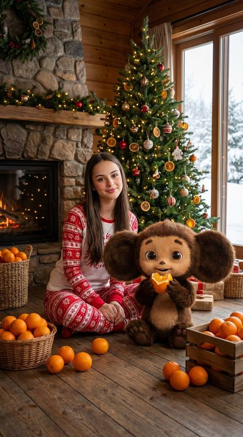 Прикрепленное фото (обязательное) — использовать как identity reference.
ВАЖНО: сохранить 100% сходство лица, волос и возвраста человека с референса: форма лица, нос, губы, глаза, брови, оттенок кожи, естественная асимметрия, мимика и взгляд — без “пластика”.

Создай высокодетализированное фото. Чебурашка полностью в кадре, отображён как реалистичный персонаж 
,сидящий на полу в уютной, рустикальной гостиной. Человек  сидит рядом с Чебурашкой. На человека надета новогодняя пижама со штанами.Интерьер оформлен в стиле рождественского шале и большим камином, облицованным серым натуральным камнем. В центре комнаты стоит пышная, украшенная новогодняя елка с теплыми огоньками, традиционными шарами и, что характерно, сушеными ломтиками апельсина. Чебурашка —  гиперреалистичный, с натуральной детализированной фактурой шерсти.Он также смотрит в камеру.В руке держит надкушенный апельсин и ест её в момент съёмки.На полу вокруг Чебурашки и человека,которые сидят в центре композиции, рассыпано большое количество ярких апельсинов, часть из которых находится в плетеных корзинах и деревянном ящике. Освещение теплое и мягкое, создающее атмосферу уюта (hygge). Через большое окно справа виден заснеженный зимний пейзаж. Композиция вертикальная, кинематографический свет, фотореализм, максимальная детализация шерсти и текстур дерева. Высокое разрешение.
