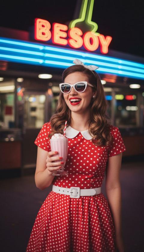 Лучезарно радостная пинап-девушка излучает жизнь; ее яркое красное пышное платье, украшенное четкими белыми горошинами, мягко развевается, пока она стоит, а безупречный белый воротник обрамляет ее шею, и идеально затянутый белый пояс подчеркивает ее изящный силуэт. Игриво сидящие на ее носу изящные белые очки-«кошачий глаз» отражают тонкое мерцание сцены, вторя шикарному белому бантику, закрепившемуся в ее тщательно уложенных волосах. Ее глянцевые, вишнево-красные губы, приоткрытые в восхитительном, беззвучном смехе, обнажают вспышку идеальных зубов, пока она радостно потягивает пенистый молочный коктейль цвета жвачки через бойкую красно-белую полосатую трубочку, нежно держа в руке прохладный керамический стакан. За ней ночной воздух гудит электрическим свечением фасада ретро-закусочной, ее хром поблескивает под жужжащими неоновыми контурами, которые складываются в слово «BESOY» в ярких, ностальгических оттенках. Фон растворяется в сказочном, мягком боке, гобелене мерцающих, рассеянных огней, которые придают сцене волшебное, неземное качество, все это выполнено с ультра-детальной, фотореалистичной точностью и изысканной, яркой палитрой, которая делает каждую текстуру осязаемой, а каждый оттенок — сияющим, это истинный шедевр кинематографического очарования 1950-х годов.