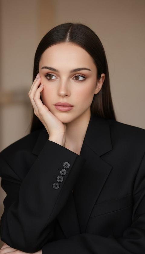 Создай портрет, не меняя черты лица. -реалистичный портрет с разрешением 8K, снятый на iPhone 17: Женщина в черном блейзере большого размера стоит на мягком фоне. Она подносит руку к лицу, обрамляя его элегантным, задумчивым жестом. Ее темные волосы уложены гладко и прямо, макияж безупречный. Контраст между выразительным выражением ее лица и минималистской обстановкой придает снимку модное редакторское качество.