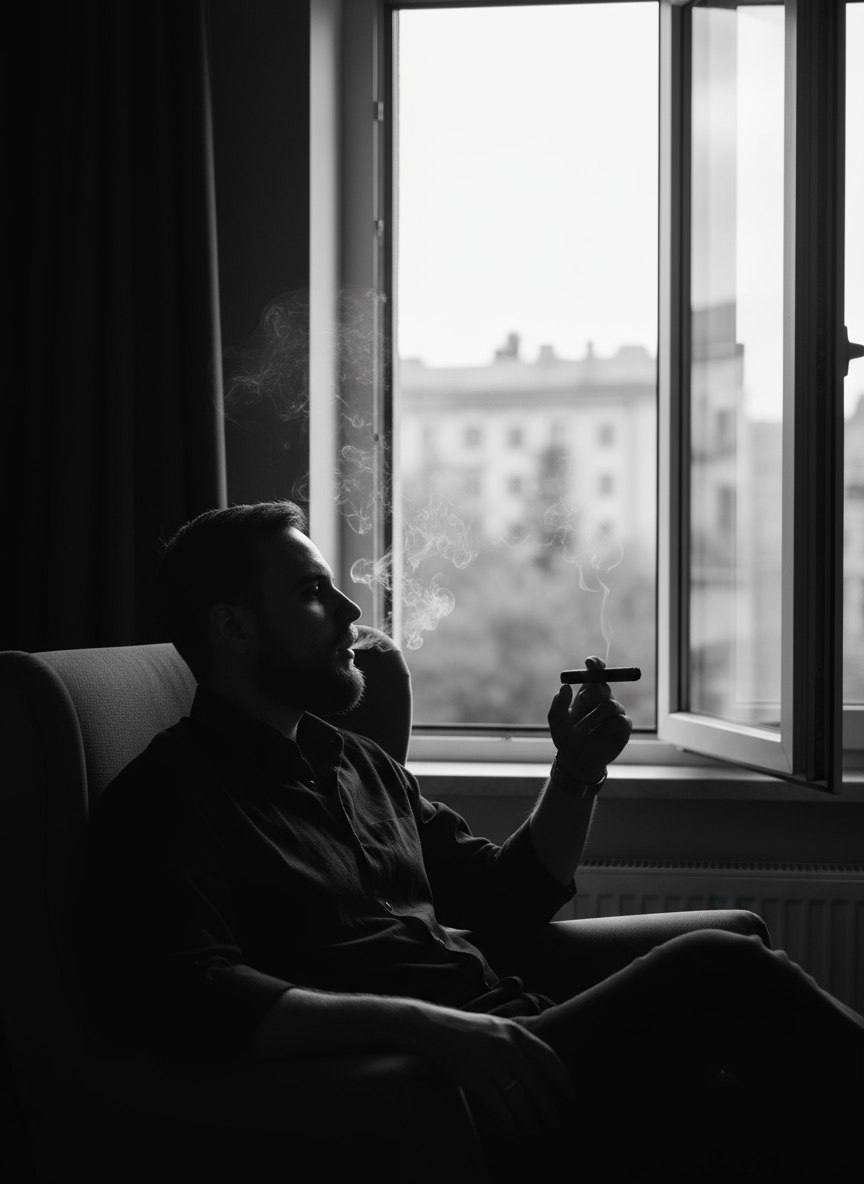 Черно-белая атмосферная фотография в стиле нуар: мужчина сидит боком в кресле у открытого окна, профиль, расслабленная поза, в руке тонкая сигарета; изо рта и сигареты поднимаются мягкие завитки дыма, подсвеченные контровым светом. Сильный контраст, глубокие тени, low-key, легкий ободок контрового света по краю силуэта. Мужчина в фактурной рубашке, ослабленный галстук. Окно справа, за окном размытый городской квартал и кроны деревьев, мягкое боке. Композиция с акцентом на дым и геометрию оконной рамы, кадрирование по бедра, настроение спокойной задумчивости. Реалистичная фотография, монохром, 85mm, f/1.8, 1/200, ISO 200, естественный дневной свет, легкая кинопленочная зернистость, высокое разрешение.Негативный промпт: цвет, неон, HDR-гало, пересветы, плоский свет, цифровой шум, пикселизация, артефакты, размытый основной объект, лишние предметы в кадре, текст/логотипы/водяные знаки, искаженные пропорции, лишние пальцы, двойные конечности, пластичная кожа, низкое разрешение