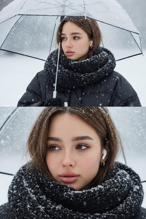 Стиль Y2K 
Коллаж из двух горизонтальных фотографий, одно над другим, как единое изображение. Реалистичные зимние фото, без глянцевой ретуши и фильтров, кожа с естественной текстурой, мои реальные черты лица полностью сохранены.

Верхнее фото: я по грудь в кадре, стою на улице во время снегопада, держу над собой прозрачный зонт. На мне объёмная чёрная пуховая куртка и очень толстый тёмный вязаный шарф, плотно намотанный вокруг шеи. Волосы средней длины, немного растрёпанные, на лице лёгкий естественный макияж, румянец от холода и заметные веснушки. В ухе маленькие серебряные кольца-серьги и белый наушник. Я смотрю в сторону, немного задумчиво. На зонте и волосах лежит снег, вокруг падают снежинки. Фон размытый, всё в мягком серо-белом тумане зимнего дня.

Нижнее фото: крупный план моего лица, почти весь кадр занимает лицо и верх шарфа. Тот же чёрный вязаный шарф закрывает подбородок, на нём лежит много снежинок. Волосы и ресницы слегка покрыты снегом. Хорошо видны глаза, длинные ресницы, румянец на щеках, маленькие веснушки, губы натурального оттенка. Выражение спокойное, немного меланхоличное.

Освещение во всех кадрах — мягкий рассеянный дневной свет пасмурной зимы, без жёстких теней, холодная цветовая температура. Снег чисто-белый, но не пересветлённый, видна структура снежинок. Высокое качество, чёткая детализация лица, волос, снега и одежды, но ощущение живого настоящего снимка, коллаж из двух горизонтальных фото сразу, только с моим лицом.