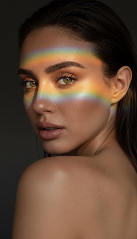 «Сохрани мою внешность 1:1 по референсу, черты и мимику не менять. Ультра-крупный бьюти-портрет 1:1: вид со спины через плечо, в кадре половина лица Ка один hazel-green глаз, часть луб и обнаженное плечо.
Корпус повернут спиной, голова обернута к камере; взгляд прямой из-под слегка опущенных век, губы приоткрыты, плечо диагонально в мягкой S-линии. Кожа теплая бронзовая, лёгкое влажное свечение, натуральные поры. Брови густые темные, ресницы длинные; губы нюд, атласный финиш.
Волосы тёмные, чуть влажные, отдельные пряди на висок и щеку.
Главный эффект - узкие радужные полосы света
(amber→green→cyan→blue) от низкого
солнечного луча через призму, пересекают лоб, бровь, глаз, щёку и плечо. Тени мягкие, контраст средний высокий. Фона тёмный, гладкий, без объектов.
Параметры: 85-105 мм, 4/1.8-2.2, Is0100-200, фокус по
зрачку; сверхдетализация радужки, ресниц и микротекстуры кожи. Нюд-макияж, минимальный контур, тонкая межресничная линия. Минимальная обработка, акцент на радужных полосах, кожа максимально натуральная. Только одна модель в кадре.» «Сохрани мою внешность 1:1 по референсу, черты и мимику не менять. Ультра-крупный бьюти-портрет 1:1: вид со спины через плечо, в кадре половина лица Ка один hazel-green глаз, часть луб и обнаженное плечо.
Корпус повернут спиной, голова обернута к камере; взгляд прямой из-под слегка опущенных век, губы приоткрыты, плечо диагонально в мягкой S-линии. Кожа теплая бронзовая, лёгкое влажное свечение, натуральные поры. Брови густые темные, ресницы длинные; губы нюд, атласный финиш.
Волосы тёмные, чуть влажные, отдельные пряди на висок и щеку.
Главный эффект - узкие радужные полосы света
(amber→green→cyan→blue) от низкого
солнечного луча через призму, пересекают лоб, бровь, глаз, щёку и плечо. Тени мягкие, контраст средний высокий. Фона тёмный, гладкий, без объектов.
Параметры: 85-105 мм, 4/1.8-2.2, Is0100-200, фокус по
зрачку; сверхдетализация радужки, ресниц и микротекстуры кожи. Нюд-макияж, минимальный контур, тонкая межресничная линия. Минимальная обработка, акцент на радужных полосах, кожа максимально натуральная. Только одна модель в кадре.»