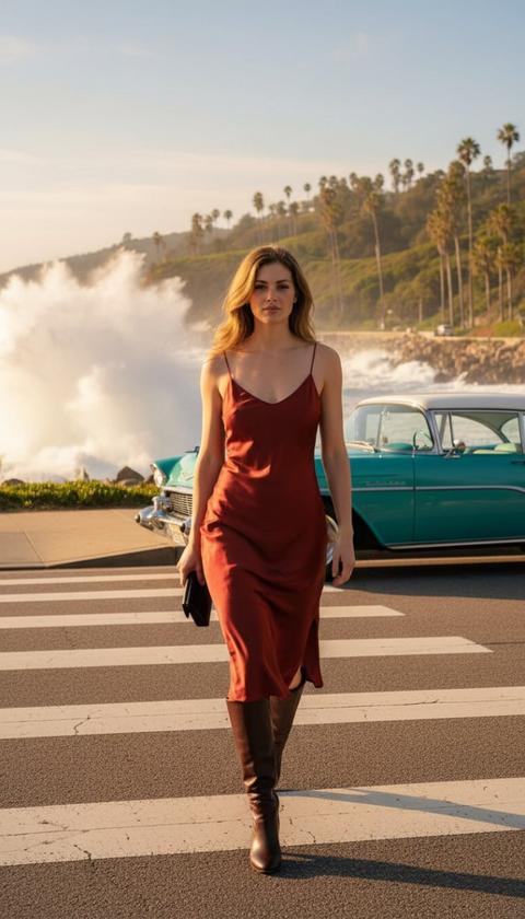 Стильная молодая женщина движется с почти балетной уверенностью, её поступь длинная и целеустремлённая, несущая её через залитый солнцем пешеходный переход. Насыщенный ржаво-красный атлас её платья-комбинации переливается и струится с каждым шагом, ловя свет золотого часа в струящихся складках, которые шепчут по её коже, открывая проблеск шёлковой грации. Её тёмно-коричневые сапоги до колен, сшитые из мягкой кожи, слабо поблёскивают, касаясь тёплого асфальта, а мягкий, ритмичный звук сопровождает её движение. В одной руке она без усилий держит маленькую, изящную чёрную сумочку-клатч. Её светлые волосы, каскад залитых солнцем прядей, обрамляют сильное, невозмутимое лицо, её взгляд устремлён прямо вперёд, непоколебимый и решительный, таящий в себе обещание чёткой цели.

Позади неё, под широким теплом угасающего дня, классический бирюзовый винтажный автомобиль, поблёскивая хромированными акцентами, стоит отполированный и безмятежный рядом с извилистой прибрежной дорогой. Сама дорога примыкает к живописной береговой линии, где колоссальные океанские волны с великолепной силой разбиваются о зазубренные скалы, вздымая фонтаны пенящихся белых брызг, которые ловят свет, словно рассыпанные бриллианты. Пышная, яркая зелень устилает волнистые холмы за ней, буйство изумруда и нефрита, перемежающееся высокими, стройными пальмами, чьи листья покачиваются с ленивой элегантностью на фоне неба, раскрашенного в нежные оранжевые, розоватые и угасающие сапфировые оттенки. Сам воздух кажется тёплым и несёт слабый, солёный привкус моря. Вся сцена залита маслянистым, кинематографическим светом золотого часа, подчёркивающим каждую сложную деталь, от текстурированного асфальта пешеходного перехода до бесчисленных оттенков разбивающегося океана, передавая её с ультра-детальной, гиперреальной чёткостью, что возвышает её до визуального шедевра.