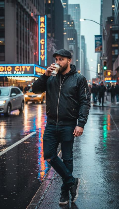 Внушительная фигура, излучающая непринужденную городскую крутость, стоит, слегка, почти вызывающе наклонившись, на сверкающей, мокрой от дождя улице Нью-Йорка. Его черная куртка-бомбер, сшитая из гладкой, почти "жидкой" на вид ткани, тонко улавливает и искажает фрагментированное неоновое свечение, а ее прочные молнии и ребристые манжеты подчеркивают сдержанную силу. Под ней выглядывает объёмное серое худи, его мягкая, плотная ткань служит приглушенным контрапунктом, обрамляя волевую линию подбородка. Его темные джинсы цвета индиго, искусно состаренные, имеют рваные, истрепанные прорехи на коленях, обнажая бледную кожу и придавая осязаемый, мятежный вид. Тонкой вязки темная шапка надвинута низко на лоб, отбрасывая легкую тень на глаза, в которых таится непроницаемая глубина. Он подносит к губам простой бумажный стаканчик, струйка пара мягко вьется над краем, когда он делает медленный, смакующий глоток, и насыщенный аромат темной обжарки на мгновение прорезает влажный, наэлектризованный воздух.

Асфальт под его идеально потертыми кроссовками представляет собой огромное, волнистое зеркало, каждая лужа и влажный участок вспыхивают почти неземной яркостью. Колоссальные, культовые неоновые вывески Radio City Music Hall – ослепительная, электрическая симфония пульсирующих синих, огненно-красных и расплавленных золотых оттенков – растекаются по мокрой поверхности, их искаженные, мерцающие формы извиваются и растягиваются, превращаясь в абстрактные шедевры. Рядом резкий, стерильный белый свет уличных фонарей и пульсирующие янтарные и изумрудные огни далеких светофоров сливаются в завораживающее, меняющееся полотно чистого цвета.

За его четко очерченной фигурой мир растворяется в динамичном, импрессионистском размытии. Полосы блестящего хрома и безошибочно узнаваемый, яркий желтый цвет культовых такси проносятся мимо, словно поспешные мазки кисти, их фары прорезают полумрак. Безликие силуэты закутанных пешеходов, их фигуры вытянуты и нечетки, движутся по проезжей части в мягком фокусе танца движения. Над головой небо — это огромное, однородное полотно угнетающего сланцево-серого цвета, толстое, влажное одеяло, рассеивающее энергию города, отбрасывающее мягкий, ровный свет, который значительно усиливает резкий, "жидкий" контраст отражений внизу. Воздух гудит от электрического пульса города, низкое гудение удаленного трафика, приглушенный всплеск шин на мокром асфальте и заглушенный шепот бесчисленных невидимых разговоров – все сливается в неоспоримую городскую симфонию.