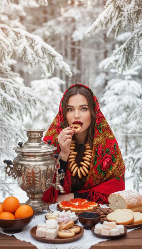 Создай близкий портрет лица Насыщенный, атмосферный, зимний портрет на улице. Я нахожусь в заснеженном лесу, окруженном елями, и сижу за столом, накрытым для традиционного чаепития. На мне надета дорогая большая, пушистая, роскошная, яркий русский платок красного цвета, повязанный на голову, с акцентом на красной матовой помаде. Правой рукой ем баранки которые весят большими бусами на шее. На столе стоит старинный серебряный самовар, миски с мандаринами, русскими сладостями, бутерброды с красной икрой, черная икра в маленькой миске, нарезанный батон. Зимний лес, всё покрыто инеем и мягким снегом. Качество: реалистичная фотография, кинематографический свет, мягкое боке, теплый тон, детальная проработка меха и узоров на платке.
--ar 9:12 --v 6