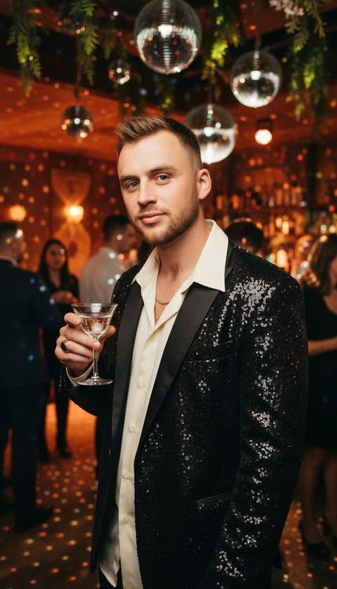 Фотография мужчины на вечеринке. Он стоит в помещении, его тело слегка повернуто к камере, голова повернута прямо к объективу. В правой руке на уровне лица он держит стакан с прозрачным алкоголем, локоть согнут, кисть расслаблена. Фотография сделана средним планом, кадрирована примерно от груди до макушки, камера расположена на уровне глаз, а фон заполнен людьми и интерьером.

На нем черная куртка с пайетками, отражающими свет. Под курткой — светлая рубашка с расстегнутыми верхними пуговицами, мягким воротником и без галстука. На шее — тонкая металлическая цепочка. На пальце правой руки — массивное кольцо. Он держит стеклянный коктейльный бокал на тонкой ножке.

Место действия — интерьер барной вечеринки. Потолок украшен зелеными растениями и декоративными элементами. Над головой висят зеркальные диско-шары, отражающие свет точечными бликами по всему пространству. На заднем плане — другие гости, их фигуры частично размыты. Стены и потолок теплых тонов, создающие богатый, фактурный интерьер.

Освещение теплое и смешанное, с несколькими источниками света. Основной свет направлен сверху и спереди, мягко освещая лицо и верхнюю часть тела. Дополнительный отраженный свет от диско-шаров создает блики на одежде и фоне. Тени мягкие, без резких краев, контраст умеренный. Атмосфера вечерняя, насыщенная светом и отражениями. Высокодетализированные, фотореалистичные кадры имеют малую глубину резкости, фон слегка размыт, а эффект выполнен в репортажном стиле с естественным зерном.