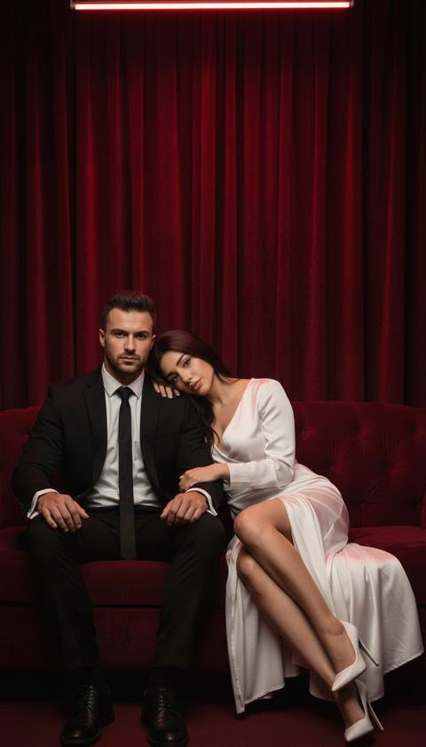 Создай ультрареалистичное фото пары в точности по загруженным фото - лица, черты, пропорции, цвет и структура волос, кожа мужчины и женщины — 100 % как на фото пользователя, никаких изменений.
Сцена: тёмный театральный зал, глубокие бордовые бархатные шторы, Красный мягкий диванчик-пуф, на котором мужчина сидит слева, в строгом чёрном костюме, белая рубашка, чёрный галстук, руки на коленях, серьёзный прямой взгляд в камеру.
Женщина лежит справа: белое атласное платье с высоким разрезом на левом бедре, белые туфли на шпиле, голова лежит на плече мужчины, левая рука у лица, правая вытянута вдоль тела.
Свет: драматичный боковой + красный неон сверху, глубокие тени, кинематографичная цветокоррекция. Ракурс спереди на уровне дивана, фокус на лицах. Фотореализм 8K, идеальные текстуры ткани и кожи.