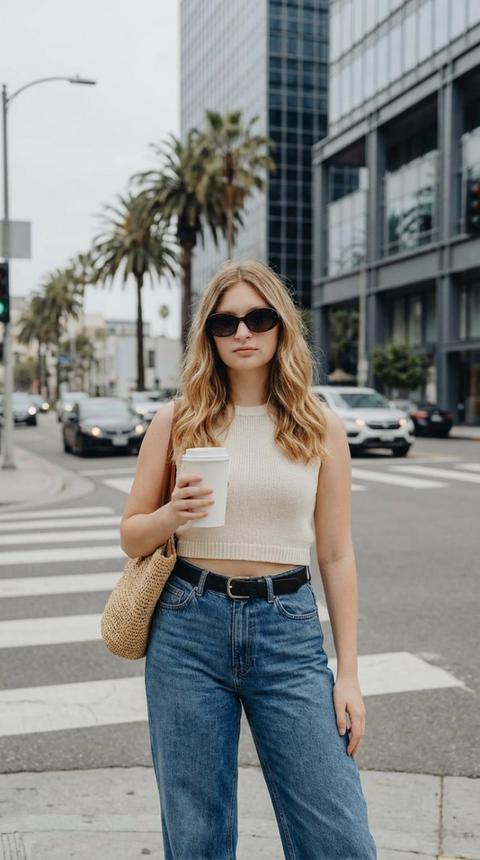 Изящная молодая женщина, ее выгоревшие на солнце светлые волосы уложены мягкими каскадными волнами, обрамляющими лицо, частично скрытое большими темными овальными солнцезащитными очками, стоит с непринужденной уверенностью на четких белых линиях городского пешеходного перехода. Ее плечи слегка отведены назад, голова высоко поднята, когда она непринужденно держит в одной руке теплую простую белую кофейную чашку, едва заметная струйка пара которой видна на фоне прохладного воздуха. Она одета в мягкий кремовый укороченный топ без рукавов, тонкая вязаная ткань которого открывает полоску подтянутого живота, идеально дополненный синими джинсами с высокой талией и широкими штанинами, выцветшего, винтажного оттенка, сшитыми так, чтобы изящно струиться вокруг ее ног. Изящный черный кожаный ремень с минималистичной серебряной пряжкой обтягивает ее талию, а фактурная плетеная соломенная сумка через плечо непринужденно перекинута через другую руку, ее натуральные волокна улавливают мягкий, ровный свет. На среднем плане размытое движение транспорта, призрачные полосы хрома и краски, намекает на движение, в то время как высокие пальмы с зелеными листьями мягко покачиваются, частично вырисовываясь на фоне приглушенной ширины пасмурного неба. Внушительные городские здания из стали и стекла величественно возвышаются позади них, их окна отражают рассеянный серый свет, вперемешку с неподсвеченными, глянцевыми линзами висячих светофоров. Вся сцена залита естественным, равномерно рассеянным светом, выполнена в тонко десатурированной цветовой палитре, что придает ей вневременное, созерцательное качество, запечатлена с ультра-детальной, бритвенно-резкой четкостью, воплощая эстетику кинематографической уличной фотографии в захватывающем высоком разрешении.