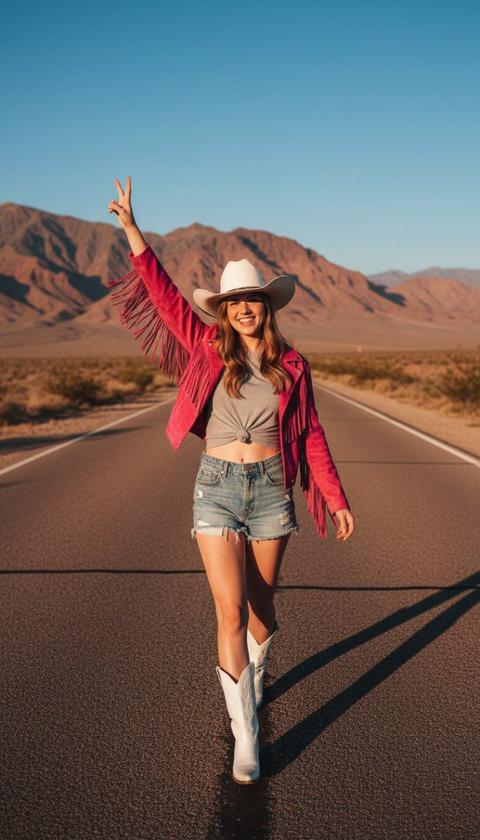 Её уверенная поступь, ритмичный шорох белой кожи по раскаленному солнцем асфальту, несёт её по бесконечно тянущейся ленте пустынной дороги. Воздух, неподвижный и тёплый, наполнен тихой интенсивностью золотого часа. Над ней огромные, скалистые красновато-коричневые горы, их древние лики, испещренные тенями и светом, царапают небо немыслимо чистого, лазурного цвета. Нетронутая белая ковбойская шляпа, поля которой отбрасывают мягкую, интригующую тень на глаза, лихо сидит на её голове. Игривая розовая куртка с бахромой, её мягкая и яркая замша мерцает при каждом едва заметном движении её плеч, а нежная бахрома колышется, словно жидкое солнце. Под ней мягкий серый кроп-топ, искусно завязанный на талии, открывает полоску упругой, загорелой кожи. Её потрёпанные джинсовые шорты с бахромой по краю ловят низкий свет, их текстура почти осязаема. Блестящие белые ковбойские сапоги, потертые пылью приключений, ступают по земле с определённой грацией. Её лицо, обрамлённое шляпой, озарено весёлой, искренней улыбкой, которая морщит уголки её глаз, когда она поднимает правую руку, пальцы растопырены в безошибочный знак мира, жест радостного вызова бескрайней пустоте. Заходящее солнце, благосклонный глаз на западе, купает всю сцену в богатом, маслянистом сиянии, вытягивая её силуэт и тонкие формы придорожного кустарника в драматические, удлинённые тени, которые танцуют по потрескавшемуся асфальту, раскрашивая пустыню в оттенки янтаря, охры и глубокого багрянца. Каждая деталь, от отдельных прядей её волос до мельчайших трещин на дороге, передана с почти гиперреальной точностью, запечатлевая мгновение, застывшее в яркой, залитой солнцем славе.
