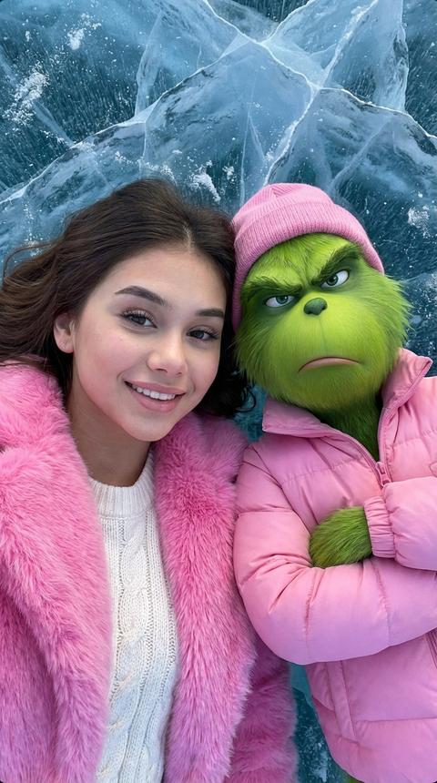 Портретный снимок крупным планом. Женщина лежит на потрескавшемся синем льду, рядом с реалистичным Гринчем в натуральную величину. Скопировать лицо, улыбку и выражение лица женщины с референса. На ней ярко-розовое пальто из искусственного меха и белый вязаный свитер крупной вязки. Гринч в розовой пуховой куртке и розовой шапке-бини, руки скрещены, серьезное выражение лица. Их головы близко друг к другу, смотрят в камеру. Текстура кожи и черты лица очень реалистичны, мягкий естественный свет, детали льда видны вокруг.