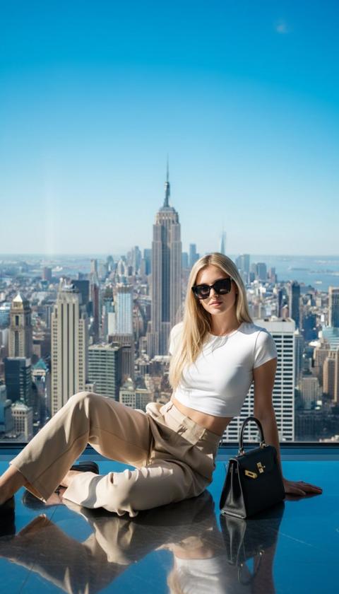Изящная, собранная молодая женщина, излучающая непринужденный городской шик, томно сидит на отполированном до блеска, зеркальном полу, который мерцает отраженным светом. Ее длинные, выгоревшие на солнце светлые волосы, каскад сияющих платиновых прядей, элегантно ниспадают на плечи, обрамляя лицо, частично скрытое огромными, темными светоотражающими черными солнцезащитными очками, которые намекают на непостижимую уверенность. На ней строгий белый кроп-топ, его гладкая ткань открывает полоску подтянутого живота, в сочетании с безупречно сшитыми бежевыми брюками с высокой талией, которые ниспадают с мягкой, струящейся элегантностью, создавая длинные, статные линии. Строгая черная дизайнерская сумочка из мягкой кожи безмолвно лежит рядом с ней, улавливая легкий отблеск. Ее поза расслабленная, но обдуманная, одна нога небрежно согнута, когда она направляет прямо на зрителя холодный, немигающий взгляд, полный самоуверенной властности. Позади нее, сквозь огромное воздушное пространство, культовый горизонт Нью-Йорка эффектно раскинулся в бесконечную даль, представляя собой захватывающую дух симфонию стали и стекла. Величественный страж Эмпайр-стейт-билдинг, его корона в стиле ар-деко пронзает небеса, возвышается среди бесчисленных архитектурных чудес, все они изображены с поразительной, микроскопической точностью, каждая заклепка и оконное стекло четко прорисованы. Над этой монументальной панорамой простирается безграничное, яркое лазурное небо, безупречный, безоблачный лазурный купол, залитый интенсивным, ярким естественным светом, который освещает каждый контур и деталь с сияющей ясностью. Вся сцена обладает глубокой резкостью, выводя как женщину на переднем плане, так и раскинувшийся за ней городской пейзаж в кристально четкий фокус, проникнутая величественной, захватывающей эстетикой кинематографического шедевра.