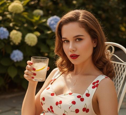 Загруженная женщина в киносцене 1955 года: Жаркий день заставляет крошечные капельки пота блестеть на её коже. На ней облегающее летнее платье с вишневым узором, которое плотно сидит и подчеркивает её изгибы. Узкий пояс подчеркивает её талию, в то время как её красные туфли с открытым носком небрежно свисают с садового шезлонга. Она подносит ледяной лимонад к своим красным губам и делает долгий глоток. Одна капля стекает по её ключице, медленно исчезая между изгибами её декольте. Её красная помада оставляет легкий оттенок на краю бокала. Медленным движением она откидывается назад, обмахивается свободной рукой и бросает соблазнительный взгляд в сторону камеры.