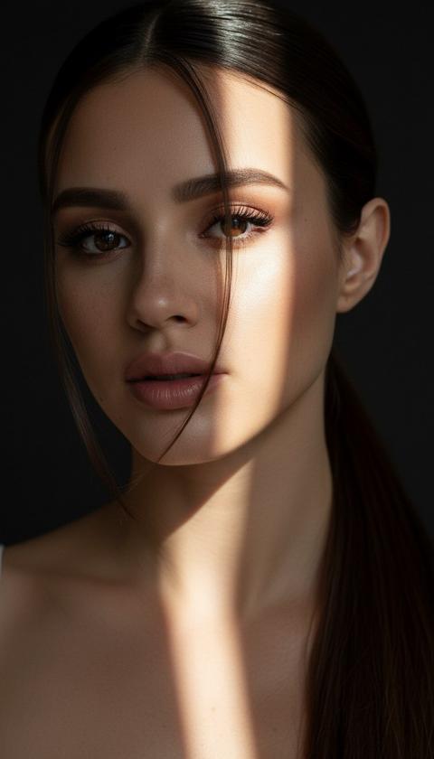 Экстремально близкий ракурс лица. Темно, лицо пересекает две яркие полоски света освещая один глаз и часть лица. Волосы собраны в низкий хвост, одна прядь падает на лицо. Ресницы накрашены чёрной тушью губы пухлые, на лице веснушки
Освещение драматичное как на фешн съемке 
Кожа идеальная 
Качество 8К. Не изменяй черты лица 