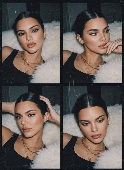 Максимально сохрани черты лица девушки, не изменяя их. Создайте зернистый коллаж в винтажном стиле из четырех панелей, на которых она позирует для селфи крупным планом, снятых с резкой вспышкой, создающей ощущение съемки на одноразовую камеру. Она лежит на мягкой белой поверхности из искусственного меха в приглушенном, уютном интерьере, в черной майке и многослойных золотых цепочках. Ее гладко зачесанные назад волосы украшены идеально уложенными «детскими» волосками, а макияж — эффектный: длинные ресницы, четкая подводка, скульптурные брови, блестящие коричнево-розовые губы и искусный контуринг. Каждая панель демонстрирует разные соблазнительные позы: взгляд с приоткрытыми губами и запрокинутой головой, дразнящий взгляд в сторону с пальцами, рука в волосах с медленной ухмылкой и низкий взгляд полуприкрытыми глазами — излучая непринужденную уверенность и соблазн.