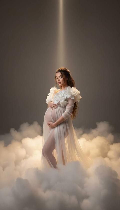 Не меняя внешности женщины с фото, перед нами предстает изящная и трогательная сцена, в которой женщина позирует, обнимая округлившийся живот, словно олицетворяя нежность и ожидание новой жизни. Она стоит в объятиях мягкого, почти сказочного облака, которое обильно расстилается у ее ног и наполняет пространство вокруг теплым, приглушенным светом, словно сиянием, исходящим изнутри. Легкий луч света падает сверху, создавая эффект божественного освещения, мягко подсвечивая ее лицо с закрытыми глазами и выражением умиротворенности. Наряд женщины — воздушный и полупрозрачный, выполненный из тончайших тканей, струящихся свободно вниз, с крупными белоснежными цветами, украшающими верхнюю часть, словно лепестки, оплетая плечи и подчеркивая женственность. Текстура ткани едва ощутима, словно шлейф из облаков, сквозь который проступает нежная кожа живота, создавая гармоничный контраст между материальностью и эфемерностью. Её волосы темные, собраны, но видны лишь распущенные локоны, мягко обрамляющие лицо и шею. Фон минималистичен, глубокого нейтрального оттенка, что позволяет всей композиции сохранить воздушность и легкость, а оттенки света и тени придают изображению глубокий объем и интимную, почти священную атмосферу. Вся сцена словно навевает чувство покоя, ожидания и пробуждения новой жизни, наполнена тонкой поэзией и элегантной простотой, мастерски играющей со светом и текстурами. фотореалистичное изображение, высокая текстурная детализация, высокое качество, разрешение 8K.