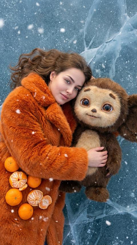 REF_1 = фото девушки-подростка (обязательное) — использовать как identity reference.
ВАЖНО: сохранить 100% сходство лица с референса: форма лица, нос, губы, глаза, брови, оттенок кожи, естественная асимметрия, мимика и взгляд — без “пластика”, без взросления.

Формат и стиль
Вертикальный кадр 9:16, ультрареализм, editorial photo, чистая картинка без артефактов, супердетальные текстуры меха/кожи/льда, кинематографичная цветокоррекция. Контраст: тёплый оранжевый на фоне холодного синего льда.

Композиция / ракурс
Съёмка сверху (top-down, flat lay). Девушка справа, Чебурашка слева, плотная композиция, контакт персонажей — главный сюжет.

КЛЮЧЕВЫЕ ИЗМЕНЕНИЯ (ВАЖНО)
 1. Чебурашка в 2 раза больше по размеру относительно исходной сцены: занимает значительно больше площади кадра, голова и уши крупнее, тело массивнее, выглядит как “большой живой персонаж”, а не маленькая игрушка.
 2. Чебурашка максимально реалистичный, живой (cinematic creature):
 • натуральная густая шерсть с разной длиной волосков, видимые направления роста меха, пушистый подшёрсток, микро-детали;
 • реалистичные глаза с влажным блеском и отражениями, правильная анатомия век;
 • никакой “плюшевой игрушки”, никаких швов/тканевых текстур, никаких пластиковых деталей.
 3. Мандарины как декор шубы — крупнее: это именно декоративная “композиция” на мехе, плоды заметно больше, выразительнее, ближе к камере, занимают больше места на шубе.

Фон / окружение
Реалистичная поверхность замёрзшего озера: голубовато-серый лёд с трещинами, прожилками, слоями. Лёгкий снегопад по всему кадру, часть снежинок ближе к объективу.

Девушка (внешность и поза)
Девушка-подросток лежит на боку/спине, лицо к камере, мягкая лёгкая улыбка. Длинные светлые волнистые волосы разложены по льду. Голова опирается на Чебурашку, одна рука обнимает/придерживает его.

Одежда / декор
На девушке объёмная оранжевая меховая шуба/плед с длинным мехом.
На мехе — крупные мандарины как декор, часть целых плодов и часть очищенных/долек:
 • плоды значительно больше, фактура кожуры ярко выражена (поры),
 • очищенные сегменты сочные, с прозрачностью мякоти,
 • мандарины “утоплены” в мехе, как праздничная инсталляция, без ощущения хаоса.

Свет / качество
Мягкий рассеянный свет сверху, реалистичные блики на глазах Чебурашки и мандаринах, высокая резкость, микродетали меха и льда.
Ultra photoreal, 8K, HDR, high detail, noise-free, anti-artifacts, cinematic color grading.

⸻

NEGATIVE PROMPT

Игрушечный/плюшевый Чебурашка, тканевые швы, пластик, мультяшность, кукольное лицо, лишние пальцы/конечности, деформации рук, артефакты, текст/логотипы/водяные знаки, грязная кожа, перешарп.