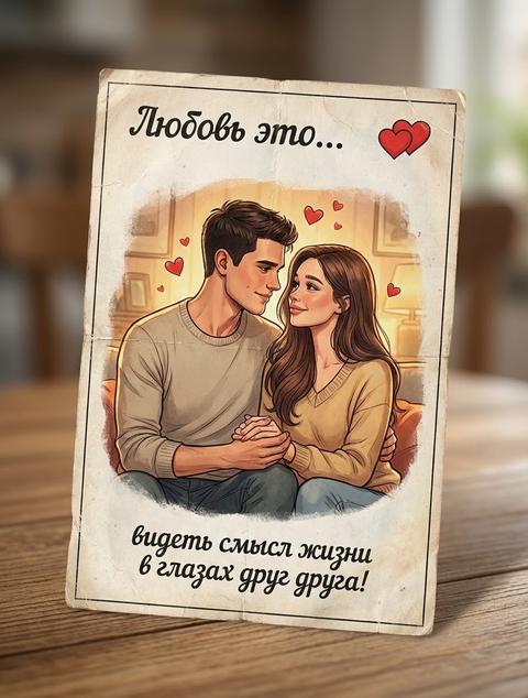 Гиперреалистичное, детализированное фото винтажного вкладыша от жевательной резинки
«Love is...»,  иллюстрация милой пары на фоне домашней обстановке.  Они сидят на диване и мило обнимаются. На фоне маленькие сердечки и верху надпись :  Любовь это... 
а внизу продолжение …видеть смысл жизни в глазах друг друга! Надпись  без кавычек.  
Изображение должно выглядеть как реальное фото физического вкладыша на столе. Высокое разрешение, профессиональное студийное освещение, малая глубина резкости, тема Дня святого Валентина. Не меняй черты лица , не добавляй мультяшности. Сделай лица реалистичными.  
