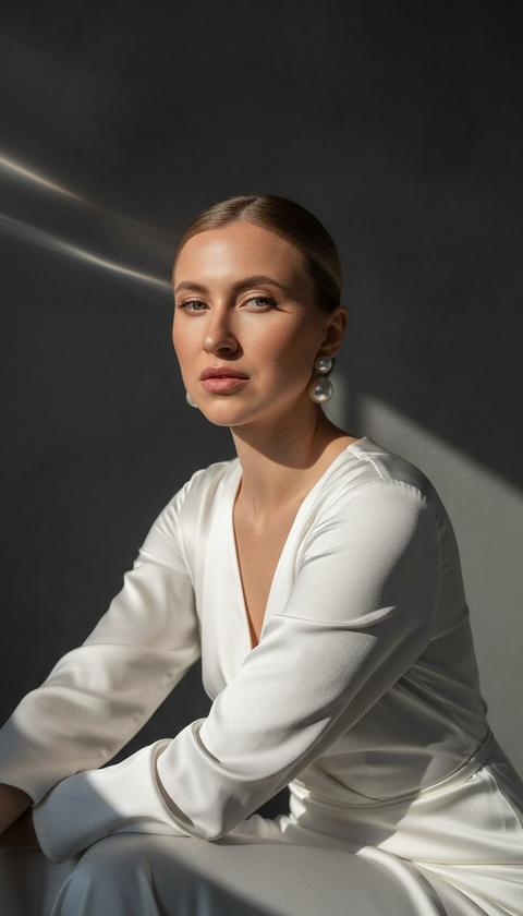 создай портрет, не меняя черты лица. кинематографический портрет крупным планом, Модель сидит в расслабленной позе, слегка наклонив туловище вперед, смотрит в камеру, губы слегка приоткрыты, подбородок приподнят. На ней струящееся шелковое платье молочного увета. Яркий солнечный свет освещает ее лицо, подчеркивая структуру костей, скулы и сияющую бронзовую кожу. Ее волосы аккуратно уложены в низкий гладкий пучок. Крупные жемчужные круглой формы серьги переливаются на солнце. Фон - темно-серая стена с мягким акцентом и едва заметными солнечными бликами. Атмосфера утонченная и кинематографичная, она создает ощущение современного шика и внутреннего покоя. Цветовая палитра включает графит, жемчужно-белый и теплую бронзу, а мягкий свет подчеркивает сияние кожи и ткани. Снимок сделан в стиле серии портретов Vogue, в котором достигнут идеальный баланс света, тени и сдержанной роскоши.снятый на камеру Leica SL2-S с объективом Noctilux 50 мм f/0.95. Сохрани черты лица создай портрет, не меняя черты лица. кинематографический портрет крупным планом, Модель сидит в расслабленной позе, слегка наклонив туловище вперед, смотрит в камеру, губы слегка приоткрыты, подбородок приподнят. На ней струящееся шелковое платье молочного увета. Яркий солнечный свет освещает ее лицо, подчеркивая структуру костей, скулы и сияющую бронзовую кожу. Ее волосы аккуратно уложены в низкий гладкий пучок. Крупные жемчужные круглой формы серьги переливаются на солнце. Фон - темно-серая стена с мягким акцентом и едва заметными солнечными бликами. Атмосфера утонченная и кинематографичная, она создает ощущение современного шика и внутреннего покоя. Цветовая палитра включает графит, жемчужно-белый и теплую бронзу, а мягкий свет подчеркивает сияние кожи и ткани. Снимок сделан в стиле серии портретов Vogue, в котором достигнут идеальный баланс света, тени и сдержанной роскоши.снятый на камеру Leica SL2-S с объективом Noctilux 50 мм f/0.95. Сохрани черты лица