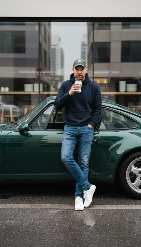 (Снято на iPhone 13, естественное необработанное освещение, фотореалистичный, аутентичная уличная фотография, непринужденный откровенный момент, 8k)

Объект: Молодой человек непринужденно опирается на винтажный темно-зеленый спортивный автомобиль (по форме Porsche 90-х годов). Он смотрит прямо в камеру с расслабленным, уверенным выражением лица, держа в руке белый стаканчик кофе на вынос, поднося его к губам или держа у груди.

Поза и композиция: Снимок по пояс, немного в стиле "с руки" для аутентичности. Мужчина опирается на открытую водительскую дверь автомобиля, открывая вид на подлинный интерьер. Его поза естественна и непринужденна.

Гардероб: Толстовка или худи темного цвета, классические синие джинсы, чистые белые кроссовки и зеленая бейсболка с небольшим белым логотипом (козырьком вперед, так как он смотрит в камеру).

Окружение и сцена: Тихая городская улица в Дубае с мокрым асфальтом, блестящим после дождя. Мягкий дневной свет пробивается сквозь облачное небо, создавая реалистичные мягкие тени и тонкие отражения на глянцевой краске автомобиля. Позади него видно окно современного кафе, мягко отражающее городские здания; внутри кафе сложены тарелки.

Ключевые детали: Темно-зеленая краска винтажного автомобиля имеет глубокий, глянцевый блеск. Мокрая поверхность улицы демонстрирует реалистичные лужи и отражения. Подчеркнуты естественные текстуры: плетение денима, блеск автомобильной краски, шероховатость бетона.

Освещение и атмосфера: Сбалансированная, нейтральная экспозиция с мягким, рассеянным естественным светом. Атмосфера непринужденно стильная, воплощающая шикарную уличную кофейную культуру Дубая — повседневная, современная и аутентичная.

Цветовая палитра: Преобладают приглушенные тона: темно-зеленый цвет автомобиля, синие оттенки джинсов и неба, нейтральные серые тона бетона, с акцентами белого (чашка, кроссовки, логотип).

Технический стиль: Необработанный, неискаженный фотографический реализм. Минимальная обработка, естественные цвета, тонкая зернистость, естественная глубина резкости. Создается ощущение спонтанного снимка, сделанного другом.

–ar 4:5 –style raw