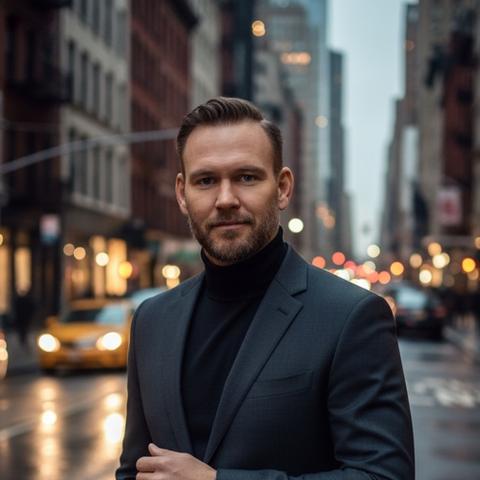 Высококлассная фотосессия в стиле Vogue мужчины, уверенно позирующего на улице Нью-Йорка в сумерках. Сцена освещена профессиональным кинематографическим светом, мягкими отражениями на тротуаре и элегантной городской атмосферой. Модель одета в современный сшитый на заказ наряд, с естественным, но выразительным языком тела. Композиция минималистична и художественна, с акцентом на текстуру, контраст и настроение. Ультрареалистичная фотография, объектив 50 мм, малая глубина резкости, без текста, эстетика редакционного журнала.