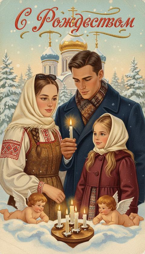 Не меняй черты лица , в точности перенеси внешность людей . Оставь их реалистичным. Сделай из этой фотографии старую открытку в стиле Рождества. Добавь ангелочков, свечки. Надпись сделай: С Рождеством. Стиль советские сказки, открытки. Одежду измени на старую советскую. На фоне зимнего храма. Добавь платок на голову женщине. 