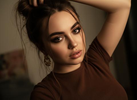 Чувственный и интимный портрет потрясающей женщины крупным планом, снятый с очень четкого, кинематографического ракурса, который обрамляет ее лицо и плечи, глубоко погружая зрителя в происходящее. Она слегка отводит взгляд в сторону, выражение ее лица наполнено эмоциями и напряжением. Эффектное направленное освещение создает глубокие тени и подчеркивает естественное сияние ее кожи, создавая завораживающую игру света и тени.
Ее блестящие губы слегка приоткрыты, глаза, накрашенные густым дымчатым макияжем, и длинные темные ресницы излучают чувственность и силу. Ее волосы беспорядочно собраны на макушке, как будто она импульсивно подняла их своими руками; не аккуратный пучок, а грубый, спонтанный жест. Распущенные влажные пряди падают на ее лицо и виски, отражая свет и придавая интимность моменту. Ее пальцы по-прежнему вплетены в волосы, усиливая ощущение эмоциональной капитуляции и уязвимости.
Массивные золотые серьги поблескивают в теплом свете, отражаясь тонкими бликами на ее шее и ключицах. На ней кроп топ шоколадного цвета Светотеневое освещение с соблазнительной точностью вырисовывает контуры ее лица. Фон мягкий и размытый, капризный и интимный, что усиливает внимание к выражению ее лица и текстуре света.
Камера находится очень близко, вызывая ощущение близости, тепла и постоянного напряжения — как будто этот момент существует между дыханием и прикосновением.
Кинематографичная, эмоционально насыщенная композиция, переливающаяся мягкими золотыми, карамельными и бронзовыми тонами, запечатлевает мимолетный момент страсти и желания Чувственный и интимный портрет потрясающей женщины крупным планом, снятый с очень четкого, кинематографического ракурса, который обрамляет ее лицо и плечи, глубоко погружая зрителя в происходящее. Она слегка отводит взгляд в сторону, выражение ее лица наполнено эмоциями и напряжением. Эффектное направленное освещение создает глубокие тени и подчеркивает естественное сияние ее кожи, создавая завораживающую игру света и тени.
Ее блестящие губы слегка приоткрыты, глаза, накрашенные густым дымчатым макияжем, и длинные темные ресницы излучают чувственность и силу. Ее волосы беспорядочно собраны на макушке, как будто она импульсивно подняла их своими руками; не аккуратный пучок, а грубый, спонтанный жест. Распущенные влажные пряди падают на ее лицо и виски, отражая свет и придавая интимность моменту. Ее пальцы по-прежнему вплетены в волосы, усиливая ощущение эмоциональной капитуляции и уязвимости.
Массивные золотые серьги поблескивают в теплом свете, отражаясь тонкими бликами на ее шее и ключицах. На ней кроп топ шоколадного цвета Светотеневое освещение с соблазнительной точностью вырисовывает контуры ее лица. Фон мягкий и размытый, капризный и интимный, что усиливает внимание к выражению ее лица и текстуре света.
Камера находится очень близко, вызывая ощущение близости, тепла и постоянного напряжения — как будто этот момент существует между дыханием и прикосновением.
Кинематографичная, эмоционально насыщенная композиция, переливающаяся мягкими золотыми, карамельными и бронзовыми тонами, запечатлевает мимолетный момент страсти и желания