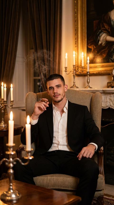Молодой мужчина сидит в кресле. Он одет в классический черный костюм и белую рубашку, расстегнутую на воротнике. У него короткая стрижка, небольшая борода, взгляд направлен прямо на зрителя. Он держит сигару, из которой поднимается дым. Мужчина сидит в кресле с высокой спинкой в интерьере, освещенном несколькими свечами в подсвечниках, создавая теплую атмосферу. За креслом видны шторы и картина в позолоченной раме, добавляя интерьеру роскоши. Положение мужчины в кадре – центр, взгляд направлен прямо на зрителя, поза расслабленная, но уверенная. Снимок выполнен в теплой цветовой гамме, преобладают темные тона, освещение мягкое, с акцентом на лице и сигаре. Атмосфера элегантности и утонченности.