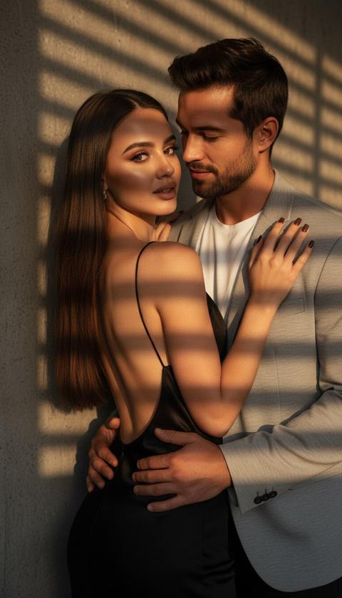 Создай портрет, не меняя черты лица. Фотопортрет молодой пары, женщина с длинными волосами, облокотилась спиной о текстурированную бетонную  стену,. На ней черное платье на тонких бретелях с открытой спиной. маникюр темно коричневый, квадратной формы. Макияж безупречный . Губы пухлые пудрово-коричневые. Мужчина страстно обнимает женщину, смотрит на неё , он  в сером пиджаке, белой футболке,  золотистый свет проходит сквозь жалюзи, создавая полосатые тени на фоне. Кинематографичное освещение, теплая цветовая гамма, малая глубина резкости, высокое разрешение, стиль "fashion photography".Драматичное освещение "золотого часа", пробивающееся сквозь окно. Игра света и тени на лице и плечах. Элегантная поза, минималистичное черное платье. Глубокие тени, зернистость пленки, эстетика журнальной съемки.
Освещение: "Golden hour" (золотой час), "Blinds shadows" (тени от жалюзи), "Soft sunlight" (мягкий солнечный свет).
Материалы: "Textured wall" (текстурированная стена), "Silk dress" (шелковое платье).
