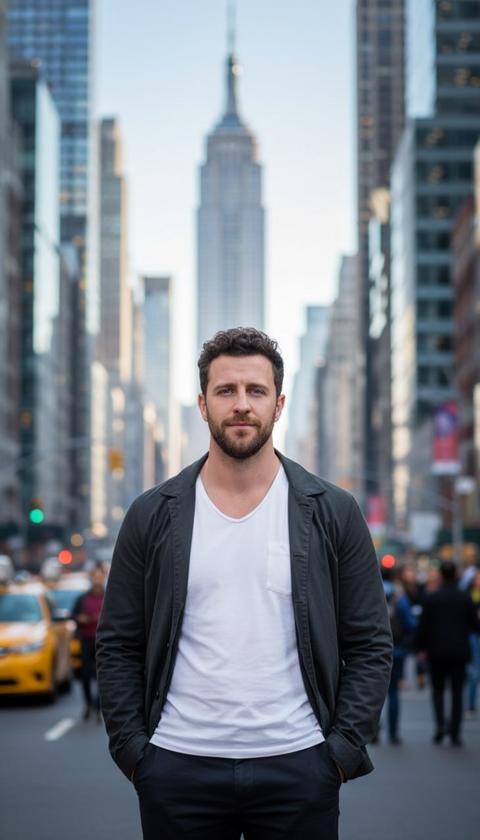 Его темные, блестящие локоны, густые и слегка взъерошенные, обрамляют сильную челюсть, улавливая мягкий, рассеянный дневной свет с тонкими отблесками насыщенного рыжевато-коричневого цвета. Его прямой взгляд, острый и умный, пронзает объектив, встречая взгляд зрителя с непоколебимой интенсивностью, а уверенная, почти всезнающая полуулыбка тонко играет в уголках его губ. Он стоит по центру, одинокая, притягательная фигура посреди гудящей, пульсирующей энергии нью-йоркской магистрали.

Угольно-черная ткань его расстегнутой куртки, возможно, мягкой, поношенной кожи или тонкой шерсти, непринужденно ниспадает с его широких плеч, открывая ослепительную белизну свежей, хрустящей хлопковой футболки под ней, с идеально сформированным воротником. Его длинные, умелые пальцы с привычной легкостью засунуты в темные карманы брюк, ткань слегка натянута вокруг бедер, передавая расслабленную позу, тихую готовность.

Позади него культовый шпиль Эмпайр-стейт-билдинг в стиле ар-деко, величественный, серовато-каменный, пронзает туманную синеву неба, его бесчисленные окна поблескивают, как рассыпанные бриллианты, когда мягкий, рассеянный солнечный свет омывает его замысловатый фасад. Он возвышается prominent, неизменный якорь на фоне размытых, колоссальных башен из стекла и стали, которые мерцают, как призраки, на периферии, их острые края смягчены до живописных полос приглушенного света и абстрактных форм, намекающих на огромный масштаб.

На переднем плане и уходя в даль, живая, кружащаяся мозаика человечества то появляется, то исчезает из мягкого фокуса. Яркие желтые полосы от проезжающих такси, неясные очертания спешащих прохожих, калейдоскоп размытых цветов и движений – все это создает ощутимое чувство непрерывной активности, приглушенную симфонию шаркающих ног и далеких шепотов, которая подчеркивает глубокую насыщенность сцены. Сам воздух, кажется, гудит далекой, какофонической симфонией городской жизни, металлический привкус выхлопных газов смешивается с легкими ароматами горячих крендельков и жареных орехов. Каждая прядь его темных волос, каждая едва заметная складка на его куртке передана с мучительной ясностью, создавая захватывающее дух полотно гиперреализма и живой городской энергии.