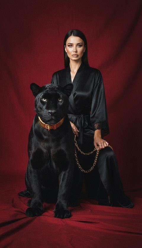 (реалистичный, студийный портрет высокого разрешения, драматическое настроение, мелкое зерно пленки, студийное освещение, профессиональная фотография)

**Объект:** Молодая взрослая женщина европеоидной расы со стройным телосложением и серьезным выражением лица, сидящая в студии. Она одета в **черный шелковый халат или кимоно**.

**Ключевое действие:** Она держит тяжелый золотой цепной поводок, прикрепленный к ошейнику пантеры. Пантера расположена перед ней, спокойная и подконтрольная.

**Сцена и обстановка:** Студийная обстановка с бесшовным темно-красным фоном и соответствующим ковром. Контролируемая внутренняя среда с неопределенным временем суток (только студийное освещение).

**Визуальные детали:** Мягкое направленное освещение спереди-слева создает текстурные блики как на лице объекта, так и на гладкой шерсти пантеры. Естественные световые отражения видны на шерсти пантеры и **шелковистой текстуре халата**, с тонкими тенями, отбрасываемыми на ковер.

**Композиция и технические детали:** Средний крупный план, объект центрирован за пантерой. Стандартный объектив с умеренно малой глубиной резкости (f/4), сохраняющий в фокусе как объект, так и пантеру. Легкий эффект мягкого виньетирования. Имитация ISO 400, выдержка 1/125 с.

**Цветовая палитра:** Доминирующие темно-красные оттенки фона, контрастирующие с **черным шелком халата** и пантерой, акцентированные золотом цепи и ошейника.

**Атмосфера:** Драматический, серьезный, элегантный студийный портрет с контролируемой динамикой власти между человеком и животным. Изысканная, минималистичная эстетика.

--ar 3:4 --style raw