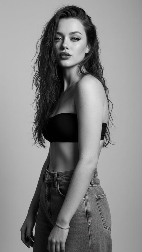 Художественная черно-белая фотография женщины. Крупный план, полупрофиль, она смотрит в камеру. На ней свободные джинсы с широкими штанинами в винтажном стиле, черный бюстгальтер без бретелек. Ее кожа/тело выглядят грязными, грубыми и неприкрашенными, что создает необузданный образ бунтарки. У нее длинные, влажные и взъерошенные волосы, которые беспорядочно падают на лицо и плечи. Фон простой, светло-серый, в стиле минимализма.
Изображение выполнено в высококонтрастных черно-/ белых тонах; резкое освещение подчеркивает контуры, тени и текстуру ее кожи. Общее впечатление - чувственное, смелое, провокационное и художественное - как от бунтарского журнала мод. Ее макияж поражает воображение: длинные, безупречная кожа и пухлые губы с коричневым блеском и темно-коричневой подводкой. У нее черные ногти квадратной формы. Перенеси внешность в точности как на референсе.
Художественная черно-белая фотография женщины. Крупный план, полупрофиль, она смотрит в камеру. На ней свободные джинсы с широкими штанинами в винтажном стиле, черный бюстгальтер без бретелек. Ее кожа/тело выглядят грязными, грубыми и неприкрашенными, что создает необузданный образ бунтарки. У нее длинные, влажные и взъерошенные волосы, которые беспорядочно падают на лицо и плечи. Фон простой, светло-серый, в стиле минимализма.
Изображение выполнено в высококонтрастных черно-/ белых тонах; резкое освещение подчеркивает контуры, тени и текстуру ее кожи. Общее впечатление - чувственное, смелое, провокационное и художественное - как от бунтарского журнала мод. Ее макияж поражает воображение: длинные, безупречная кожа и пухлые губы с коричневым блеском и темно-коричневой подводкой. У нее черные ногти квадратной формы. Перенеси внешность в точности как на референсе.