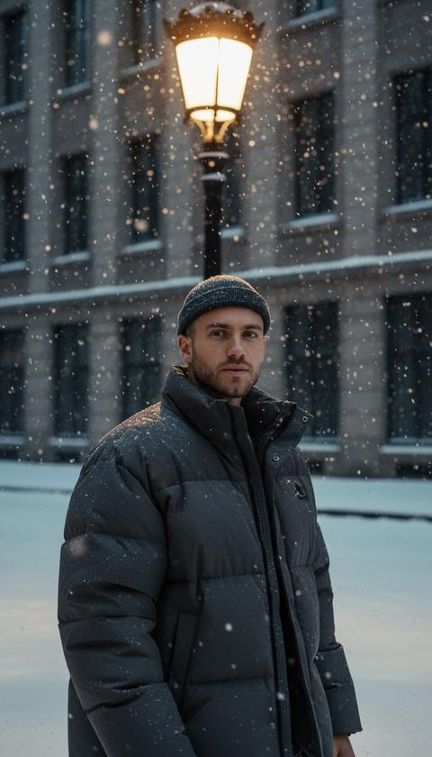 Создай крупный портрет, не меняя черты лица. атмосферная  сцена в стиле Y2K, где мужчина стоит под сияющим уличным фонарем, Он стоит смотрит в камеру,  снежинки падают вокруг. На нем оверсайз темно серый пуховик, шапка маленькая Бини в цвет. . Свет от фонаря мягко освещает ее фигуру на фоне темных зданий . Снег (очень много снега), создает мечтательную, эфемерную атмосферу, а освещение подчеркивает спокойную и интроспективную атмосферу сцены. Изображение должно быть кинематографичным и ностальгическим, передавая ощущение умиротворения и непринужденного стиля в истинном стиле Y2K.”