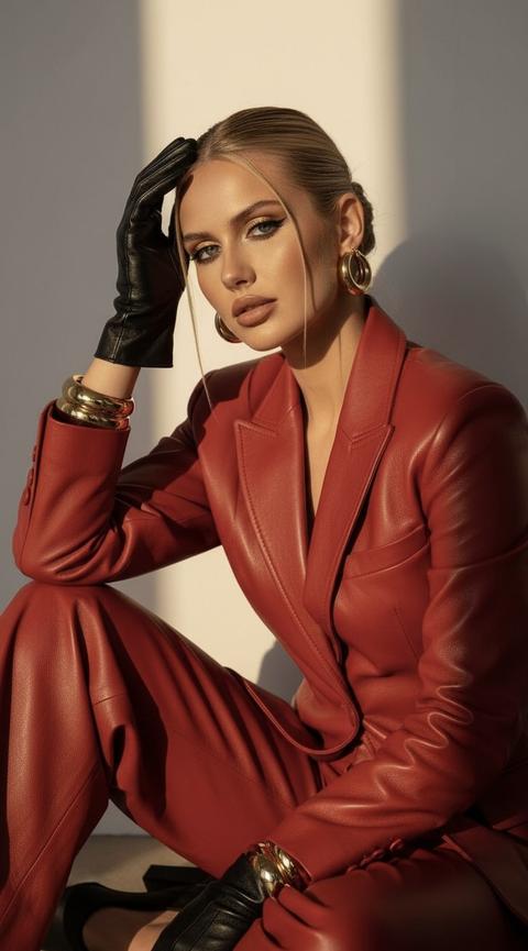 Создай мой портрет, не меняя черты лица. Модель сидит у стены, слегка наклоняясь вперёд, опираясь локтем на колено, касаясь головы рукой в кожаной перчатке. Поза передаёт размышление и уверенность. Мягкое тёплое освещение с золотистыми тенями создаёт атмосферу роскоши.
Макияже акцент на глазах — коричнево-золотые тени, чёткая подводка, длинные ресницы, слегка влажные веки. Брови идеальны, губы матовые, нюдово-коричневые. Волосы собраны в тугой пучок, с тонкими прядями, подчёркивающими скулы.
На ней красный кожаный костюм с мужским жакетом и брюками свободного силуэта, чёрные кожаные перчатки, золотые браслеты и серьги. Фон нейтральный, светлая стена, игра света и тени. Съёмка на Canon EOS R5 или Sony A7R IV с объективом 85mm f/1.4, минимальная глубина резкости. Стиль — luxury editorial, с фокусом на лице и текстурах. Создай мой портрет, не меняя черты лица. Модель сидит у стены, слегка наклоняясь вперёд, опираясь локтем на колено, касаясь головы рукой в кожаной перчатке. Поза передаёт размышление и уверенность. Мягкое тёплое освещение с золотистыми тенями создаёт атмосферу роскоши.
Макияже акцент на глазах — коричнево-золотые тени, чёткая подводка, длинные ресницы, слегка влажные веки. Брови идеальны, губы матовые, нюдово-коричневые. Волосы собраны в тугой пучок, с тонкими прядями, подчёркивающими скулы.
На ней красный кожаный костюм с мужским жакетом и брюками свободного силуэта, чёрные кожаные перчатки, золотые браслеты и серьги. Фон нейтральный, светлая стена, игра света и тени. Съёмка на Canon EOS R5 или Sony A7R IV с объективом 85mm f/1.4, минимальная глубина резкости. Стиль — luxury editorial, с фокусом на лице и текстурах.