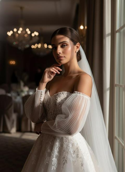 Создай портрет, не меняя черты лица. Элегантный портрет невесты в классическом стиле. Девушка стоит у окна, мягкий естественный свет падает сбоку, создавая глубокие тени и художественный контраст (светотень). На ней роскошное свадебное платье с открытыми плечами и объемными прозрачными рукавами-фонариками из плиссированного фатина. Лиф платья украшен тонкой вышивкой и бисером. Волосы собраны в гладкий низкий пучок, легкая фата прикреплена сзади. Взгляд в камеру , рука изящно касается подбородка. На ушах жемчужные серьги гвоздики, профессиональный макияж. Атмосфера интерьера приглушенная, на заднем плане видны очертания банкетного зала. Высокая детализация ткани, кинематографичное освещение, журнальная эстетика, 8k. Создай портрет, не меняя черты лица. Элегантный портрет невесты в классическом стиле. Девушка стоит у окна, мягкий естественный свет падает сбоку, создавая глубокие тени и художественный контраст (светотень). На ней роскошное свадебное платье с открытыми плечами и объемными прозрачными рукавами-фонариками из плиссированного фатина. Лиф платья украшен тонкой вышивкой и бисером. Волосы собраны в гладкий низкий пучок, легкая фата прикреплена сзади. Взгляд в камеру , рука изящно касается подбородка. На ушах жемчужные серьги гвоздики, профессиональный макияж. Атмосфера интерьера приглушенная, на заднем плане видны очертания банкетного зала. Высокая детализация ткани, кинематографичное освещение, журнальная эстетика, 8k.