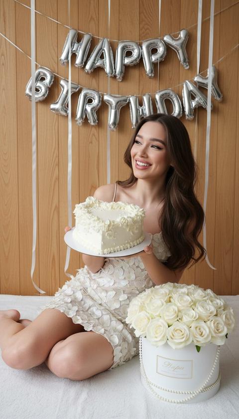 Не меняя внешности женщины с фото, картина наполнена теплым, интимным свечением, создающим атмосферу торжественного праздника в уютной обстановке. Женщина с длинными, волнистыми волосами сидит на мягкой белой поверхности, подставив колени под себя в расслабленной и гармоничной позе. Её кожа излучает здоровое сияние, подсвеченное мягким, но направленным светом, который осторожно ограничивает тени, помогая выделить плавность изгибов тела. На ней надето минималистичное светлое платье с объемными текстурными элементами, которые мерцают и играют с освещением, словно поверхностные чешуйки или лепестки, придавая наряду эффект легкости и изящества. Она улыбается, глядя в сторону, держа в руках аккуратно украшенный белоснежный торт в форме сердечка, украшенный рельефными декоративными элементами из крема, которые создают ощущение нежности и торжественности. Рядом с ней располагается большое изобилие белых и нежно-кремовых роз в округлой композиции, собранное в стильной элегантной коробке с изящной надписью и бусинами по краю, которые добавляют роскошного акцента. Фон помещения облицован древесными панелями теплого светло-коричневого оттенка, украшенными воздушными белыми лентами, ниспадающими сверху, и серебристыми шариками с надписью «HAPPY BIRTHDAY», выполненными в пастельных и приглушенных тонах, гармонирующих с общим светлым и нежным оттенком сцены. Освещение постановочное, с мягкой направленностью, создаёт гармоничный баланс между светом и тенью, подчеркивая общую атмосферу праздника и радости в этом интимном, изысканном и теплом моменте, фотореалистичное изображение, высокая текстурная детализация, высокое качество, разрешение 8K. Не меняя внешности женщины с фото, картина наполнена теплым, интимным свечением, создающим атмосферу торжественного праздника в уютной обстановке. Женщина с длинными, волнистыми волосами сидит на мягкой белой поверхности, подставив колени под себя в расслабленной и гармоничной позе. Её кожа излучает здоровое сияние, подсвеченное мягким, но направленным светом, который осторожно ограничивает тени, помогая выделить плавность изгибов тела. На ней надето минималистичное светлое платье с объемными текстурными элементами, которые мерцают и играют с освещением, словно поверхностные чешуйки или лепестки, придавая наряду эффект легкости и изящества. Она улыбается, глядя в сторону, держа в руках аккуратно украшенный белоснежный торт в форме сердечка, украшенный рельефными декоративными элементами из крема, которые создают ощущение нежности и торжественности. Рядом с ней располагается большое изобилие белых и нежно-кремовых роз в округлой композиции, собранное в стильной элегантной коробке с изящной надписью и бусинами по краю, которые добавляют роскошного акцента. Фон помещения облицован древесными панелями теплого светло-коричневого оттенка, украшенными воздушными белыми лентами, ниспадающими сверху, и серебристыми шариками с надписью «HAPPY BIRTHDAY», выполненными в пастельных и приглушенных тонах, гармонирующих с общим светлым и нежным оттенком сцены. Освещение постановочное, с мягкой направленностью, создаёт гармоничный баланс между светом и тенью, подчеркивая общую атмосферу праздника и радости в этом интимном, изысканном и теплом моменте, фотореалистичное изображение, высокая текстурная детализация, высокое качество, разрешение 8K.